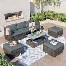 Harper Bright Designs Gray 5 Piece Wicker Outdoor Sectional Set With Gray Cushions And Lift Top Coffee Table
