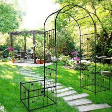 Tunearary 7 2 Ft Outdoor Black Metal Garden Arch Trellis Climbing Plants Support Rose Arch With 2 Plant Stands Blacks
