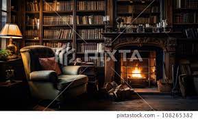 A Cozy Library With A Fireplace And