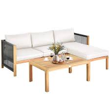 3 Piece Acacia Wood Patio Conversation Set Sofa Furniture Set With White Cushions And Nylon Rope Armrest