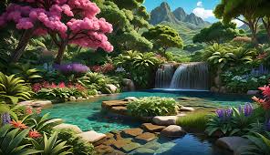 Tropical Garden Oasis Waterfall Amid