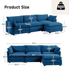 112 In W 4 Piece Modern Fabric Sectional Sofa With Ottoman In Navy