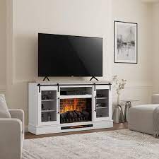 Home Decorators Collection Bramble 63 In Freestanding Electric Fireplace Tv Stand W Sliding Mesh Barn Door In White W Washed Walnut Top