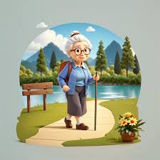 Cute Grandma Walking With Cane Stick