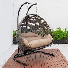 Leisuremod Wicker Hanging Double Egg Swing Chair Brown