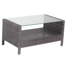 Urtr Brown Rectangle Pe Wicker Outdoor Coffee Table Patio Furniture Tea Table With Tempered Glass Table Top And Shelf