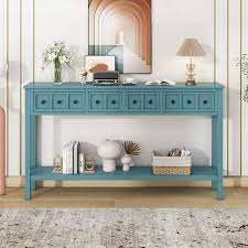 60 In Turquoise Green Rectangle Wood Console Table With Drawers