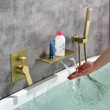 Wanmai Single Handle Wall Mount Roman Tub Faucet With Hand Shower Waterfall 3 Hole Brass Tub Fillers In Brushed Gold