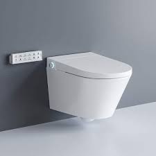 Wall Hung Elongated Smart Toilet Bidet In White With Auto Open Auto Close Heated Seat And Remote No Tank No Bracket