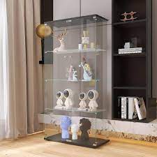 Black Glass Display Cabinet With 4 Shelves With Door For Living Room Office