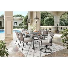 Home Decorators Collection Wilshire Heights 7 Piece Cushioned Cast And Woven Back All Aluminum Outdoor Dining Set With Sunbrella Bliss Sand Cushion