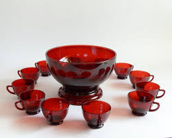 Punch Bowl Ruby Red 12 Cups Anchor