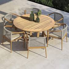Teak Outdoor Dining Set Wood Round Dining Table With 6 Chairs In Natural 7 Pieces
