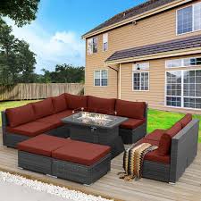 High End 10 Pieces Charcoal Wicker Patio Fire Pit Deep Sectional Seating Sofa Set With Dark Red Cushions With Ottomans
