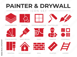 Red Painter And Drywall Icon Set With