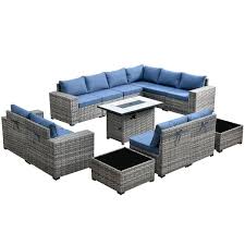 Hooowooo Tahoe Grey 13 Piece Wicker Wide Arm Outdoor Patio Conversation Sofa Set With A Fire Pit And Denim Blue Cushions