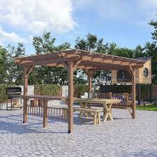 Outsunny 14 Ft X 10 Ft Outdoor Pergola Wooden Grill Gazebo With Bar Counters And Seating Benches Deck Brown