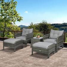 Outsunny 5 Piece Rattan Wicker Outdoor Patio Conversation Set With 2 Cushioned Chairs 2 Ottomans Glass Table Grey