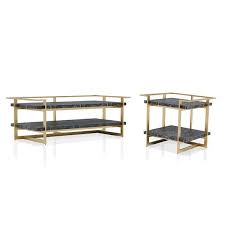 Furniture Of America Muscher 50 5 In 2 Piece Gold Coating And Black Rectangle Faux Marble Coffee Table Set With Shelf Gold Coating And Black Faux