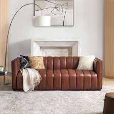 Jayden Creation Pachynus 83 In Wide Square Arm Genuine Leather Rectangle Contemporary Channel Tufted Sofa In Brown