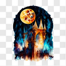 Old Castle Painting With Full Moon Png