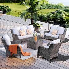 Xizzi Mona Lisa Gray 5 Piece Wicker Outdoor Patio Conversation Seating Set With Gray Cushions