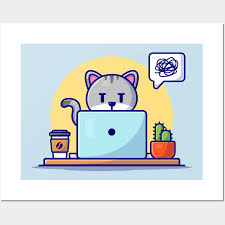 Cute Cat Working On Laptop With Coffee