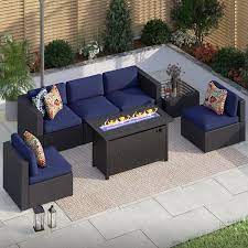 Phi Villa Dark Brown Rattan Wicker 5 Seat 7 Piece Steel Outdoor Fire Pit Patio Set With Blue Cushions Rectangular Fire Pit Table
