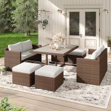 Corvus Martinka Brown 7 Piece Wicker Outdoor Dining Set With Tan Cushions