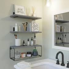 16 5 In W X 6 In D Grey Wood Floating Bathroom Shelves Wall Mounted With Wire Basket Decorative Wall Shelf