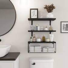16 5 In W X 6 In D Black Wood Floating Bathroom Shelves Wall Mounted With Wire Basket Decorative Wall Shelf