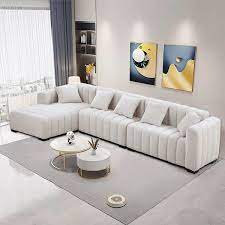 138 9 In W Beige Square Arm 3 Piece Velvet L Shape 6 Seats Modular Sectional Sofa With Chaise