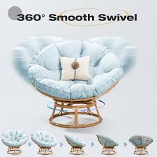 Wicker Outdoor Patio Swivel Papasan Lounge Chair With Baby Blue Cushion