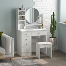 5 Drawers White Makeup Vanity Table Set With Stool Dressing Desk Vanity Wood With Round Mirror Storage Shelves