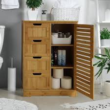 Yellow Bamboo Freestanding Linen Cabinet With Shelves And Drawers 23 7 In W X 11 9 In D X 32 5 In H