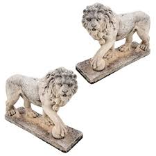 Vintage Lion Sculptures On Cement Set