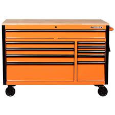Husky 52 In W X 24 5 In D Standard Duty 10 Drawer Mobile Workbench Tool Chest With Solid Wood Work Top In Gloss Orange H52mwc10org