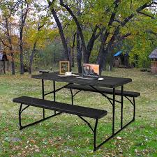 Indoor And Outdoor Folding Picnic Table Bench Set With Wood Like Texture Black