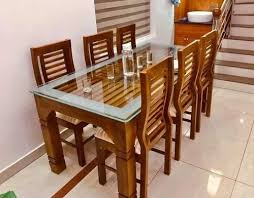 6 Seater Glass Top Wooden Dining Table