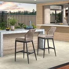 Modern Aluminum Twill Wicker Woven Bar Height Outdoor Bar Stool With Back And Dark Gray Cushion 2 Pack