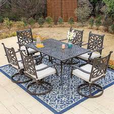 Brown 7 Piece Cast Aluminum Patio Outdoor Dining Set With Rectangle Table And Swivel Chairs With Beige Cushion