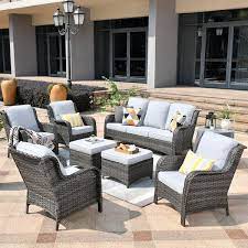 Erie Lake Gray 7 Piece Wicker Outdoor Patio Conversation Seating Sofa Set With Gray Cushions