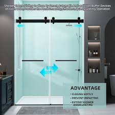72 In W X 79 In H Frameless Shower Door Soft Close Double Sliding Shower Doors In Matte Black 3 8 In Tempered Glass