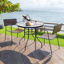 Forclover Black Round Metal Outdoor Bistro Dining Table With Umbrella Hole And Tempered Glass Top