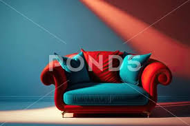 Red Couch With Pillows In Room With
