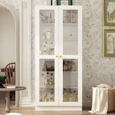 Fufu Gaga 70 9 In H White Wood 2 Glass Door Accent Cabinet With 6 Tier Shelves Kitchen Pantry Cupboard Storage Cabinet