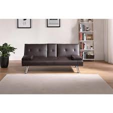 31 In Wide Armless Faux Leather Mid Century Modern Straight Sleeper Sofa In Brown