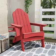Miranda Red Foldable Recycled Plastic Outdoor Patio Adirondack Chair With Cup Holder For Garden Backyard Firepit Pool