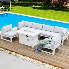 Large Size White 7 Piece Aluminum Patio Frie Pit Deep Seating Sectional Sofa Set With White Cushions