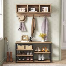 Tribesigns Howard Coffee Wood 32 In Shoe Rack With Coat Hooks Hall Tree With Shoe Bench And Shelves Brown Wood